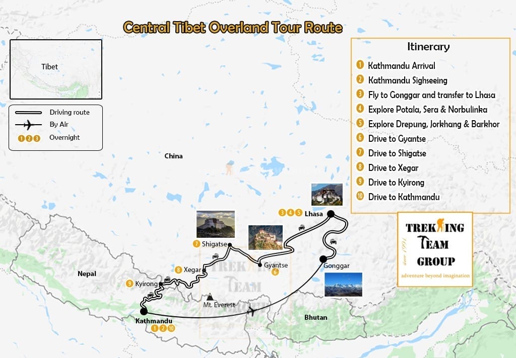 Central Tibet Overland Tour-map