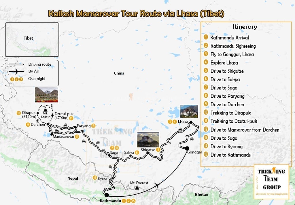 Kailash Mansarovar via Lhasa-map